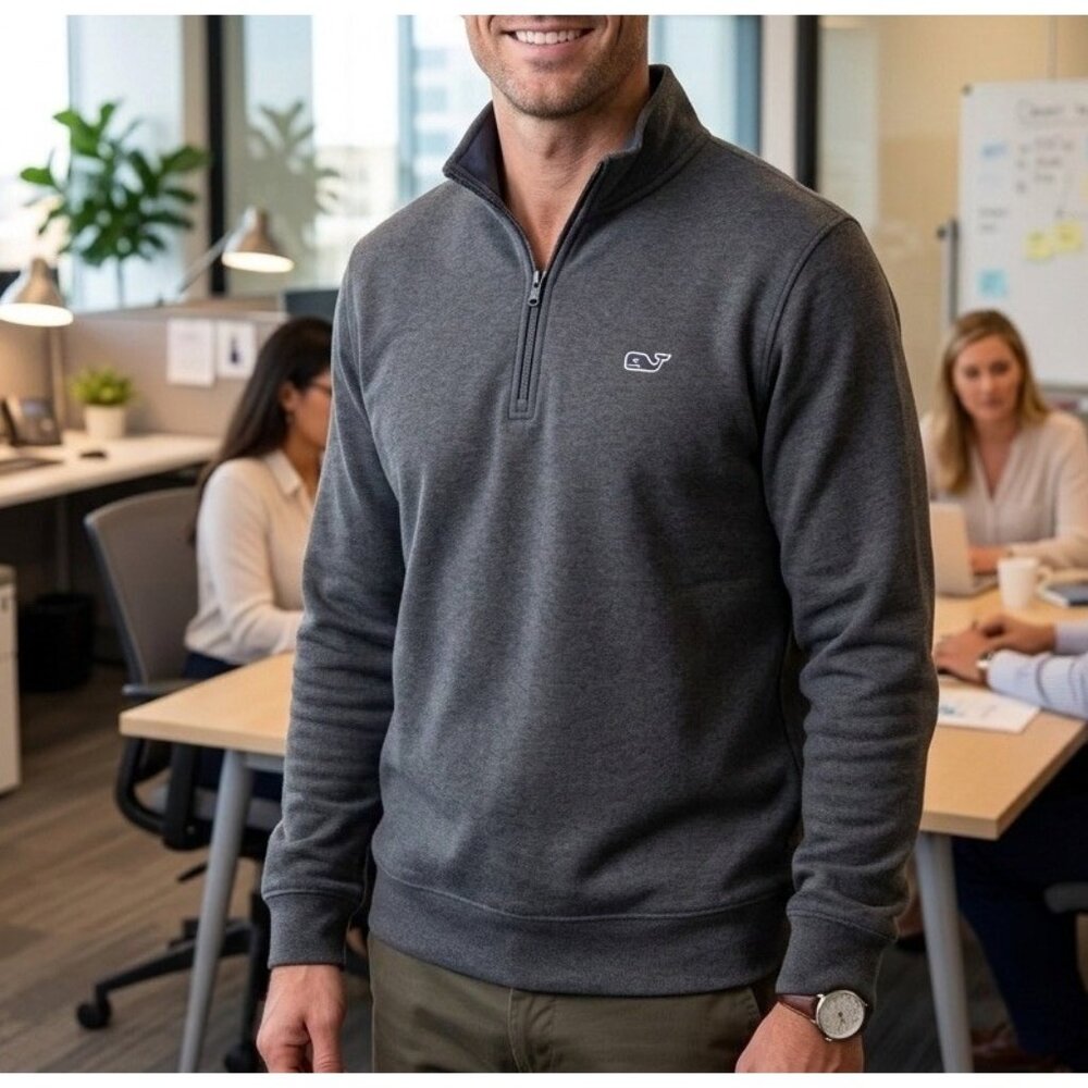 Vineyard Vines Sweatshirt Mens Medium Blue 1/4 Zip Mock Neck Pullover Whale Logo